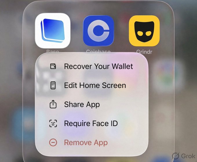 A close-up of an iOS app context menu showing options like "Recover Your Wallet," "Edit Home Screen," "Share App," "Require Face ID," and "Remove App" for the Base app, positioned alongside Coinbase and Grindr icons. The image relates to the post by highlighting the Base crypto app's wallet recovery feature, hinting at potential losses if the BASECAT token fails to reach a 100 million market cap.