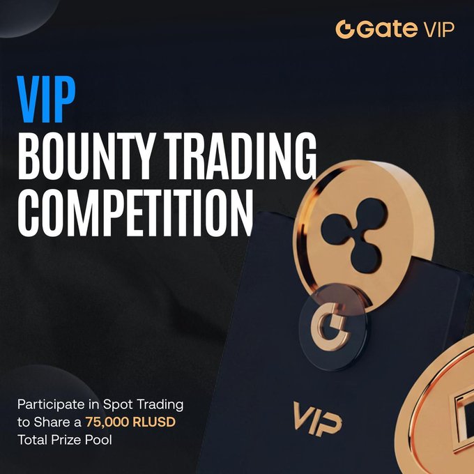 The image features a poster for an event called "VIP Spot Trading Showdown" that takes place from June 16th through July 5th. The poster includes a gold coin with a vip symbol, which represents the VIP status of participants. The event aims to help VIP trading elites sharpen their strategy and make a share of 75,000 RUSD in spot trading pools. The poster also mentions a total prize pool of $RLUSD for those who participate.
