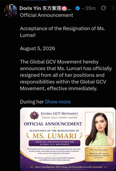 A verified post from Doris Yin dated August 5, 2026, announces the resignation of Ms. Lumari from all positions within the Global GCV Movement, featuring an official announcement graphic thanking her for her leadership and dedication. This aligns with the accompanying caption highlighting the departure of GCV Cult leaders as the movement collapses.