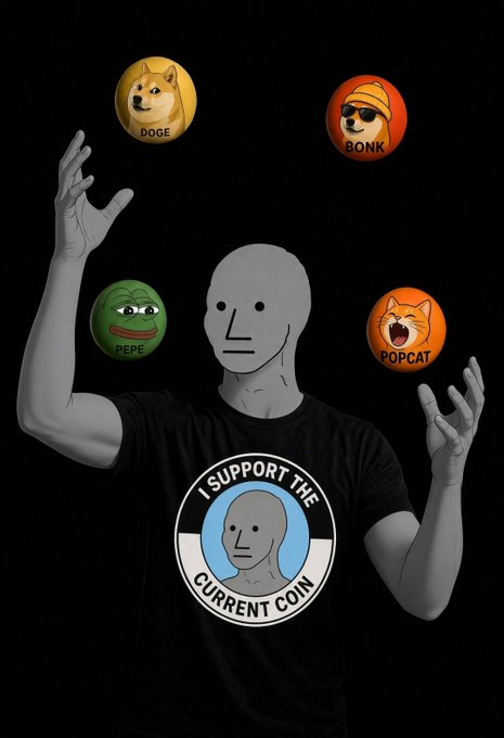 A gray mask-wearing figure in an "I SUPPORT THE CURRENT COIN" t-shirt juggles meme coins (DOGE, BONK, PEPE, POPCAT) around them, visually reinforcing the post's message that $NPC is the ultimate meme coin overlord orchestrating the chaos.