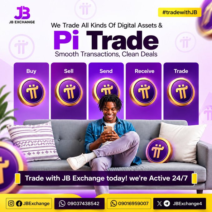 An advertisement for JB Exchange promoting Pi cryptocurrency trading with options to Buy, Sell, Send, Receive, and Trade, including contact info and the hashtag #tradewithJB.