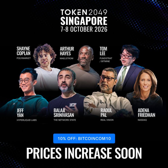 Promotional graphic for TOKEN2049 Singapore (7-8 October 2026) at Marina Bay Sands, featuring speaker headshots of Shayne Coplan (Polymarket), Arthur Hayes (Maelstrom), Tom Lee (Fundstrat/Bitmine), Jeff Yan (Hyperliquid Labs), Balaji Srinivasan (The Network State), Raoul Pal (Real Vision), and Adena Friedman (NASDAQ), with a BITCOINCOM10 promo code offering 10% off tickets before the 24 September price increase.