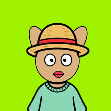 A cartoon-style illustration of a brown bear character wearing a straw hat and a teal sweater, set against a bright green background.