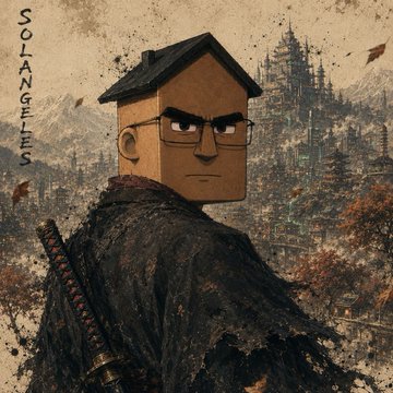Digital artwork titled 'SOLANGELES' featuring a character with a cardboard box head and glasses holding a katana, set against a misty Japanese-style landscape.