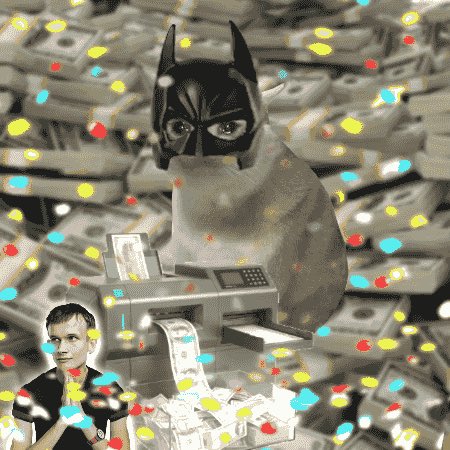 A surreal digital collage depicting a cat wearing a Batman mask sitting at a cash register atop a massive pile of dollar bills, with a small man's head superimposed in the corner.