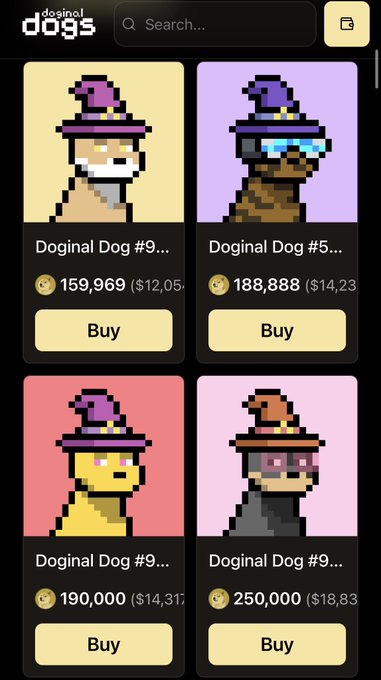 Mobile app interface for 'doginal dogs' marketplace displaying four pixel-art dog NFTs (Doginal Dog #9 series) with prices ranging from 159,969 to 250,000 coins ($12.05-$18.83) and Buy buttons.