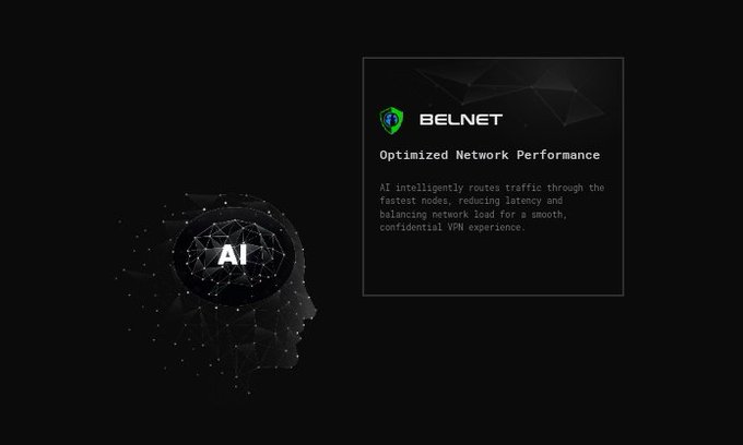 A black promotional slide for BELNET advertising 'Optimized Network Performance' with AI-powered VPN routing, featuring a stylized human head with neural network graphics.