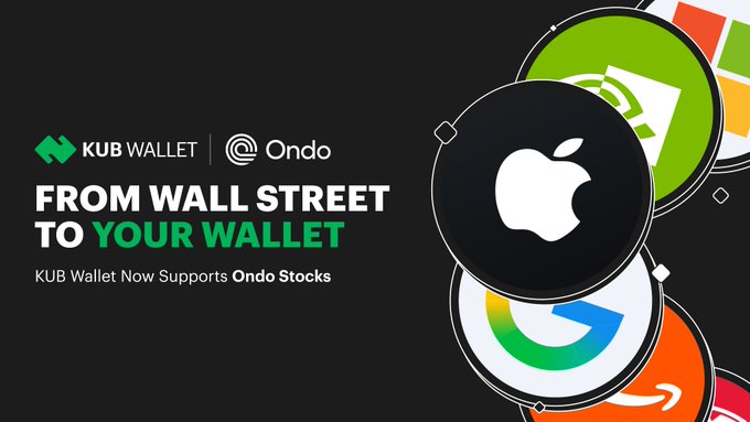 The promotional graphic for KUB Wallet and Ondo announces "FROM WALL STREET TO YOUR WALLET," highlighting that KUB Wallet now supports Ondo Stocks—tokenized versions of US-listed stocks like Apple, Google, and Amazon, visually represented by their logos in colorful circles.