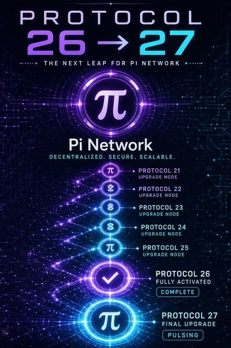 A promotional graphic for Pi Network announcing 'PROTOCOL 26 → 27 - THE NEXT LEAP FOR PI NETWORK,' showing a sequence of protocol upgrade nodes from 21 to 27, with Protocol 26 marked as 'COMPLETE' and Protocol 27 as 'PULSING FINAL UPGRADE.'