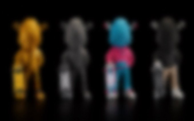 A blurry image showing four stylized 3D animated characters standing in a row against a black background.