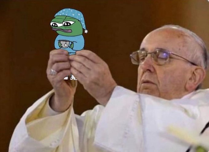 A meme image shows Pope Francis looking solemnly at a hand-drawn Pepe the Frog character wearing a blue sleeping cap.
