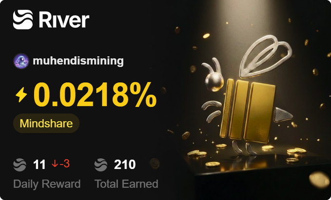 The image shows a post related to a mining activity at River4Fun, which features a gold bee character. The post displays information such as a user's mindshare, reward amount, and total earned. It also discusses boosting the user's mindshare through mining and the associated rewards that can be gained from doing so.