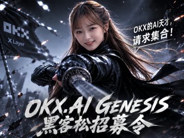 The image is a promotional poster featuring a female character wielding a katana, with "OKX" branding in the top-left corner and the text "OKX的AI天才，请来集合！" (OKX AI geniuses, please assemble!). The bottom displays "OKX.AI GENESIS" alongside "黑客松招募令" (Hackathon Recruitment Order), visually tying into the post's call for talented developers to join OKX's AI-focused hackathon event.