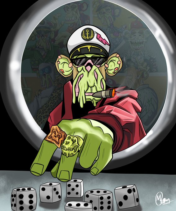 A cartoon illustration of a green-skinned squid-like character wearing a captain's hat and sunglasses, holding a cigar, with large green hands and dice displayed below.