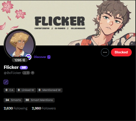 The image shows a social media post with a profile picture of a person wearing a white shirt with pink flowers. The post includes a message about a scammer trying to steal someone's wallet, but they were able to trace the wallet on-chain and return the funds immediately. The post also mentions that the person who posted it is known as @0xFlicker.