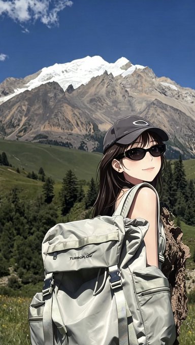 An anime-style illustration of a young woman wearing sunglasses, a black cap, and a large gray backpack with 'TURBOGLOW' text, posing in a mountainous landscape.