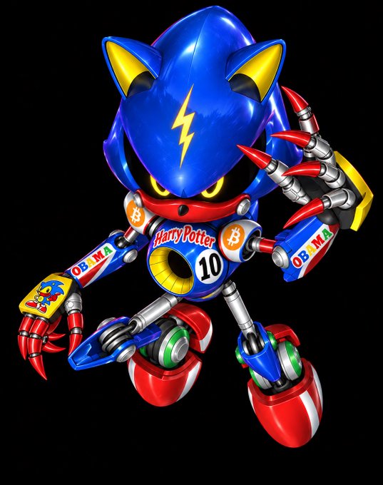 A metallic Sonic the Hedgehog-themed mech figure decorated with 'Harry Potter' branding, 'OBAMA' labels, Bitcoin logos, the number 10, and a Donald Trump sticker.