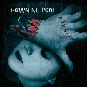 An album cover or poster for 'DROWNING POOL' titled 'VINYL,' featuring a stylized image of a person's face partially obscured by a hand with flame tattoos.