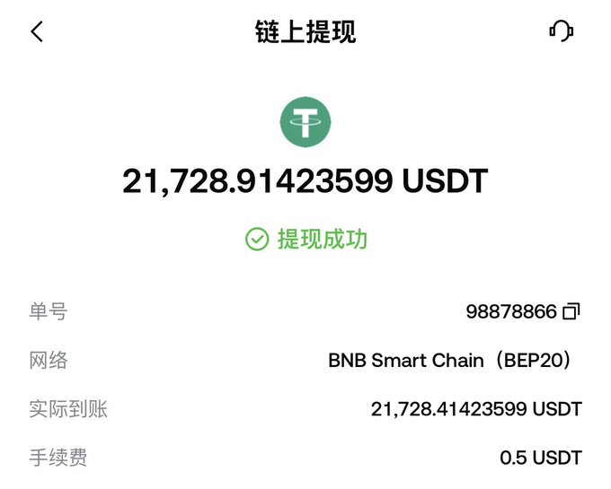 A crypto withdrawal confirmation screen shows a successful on-chain transfer of 21,728.91423599 USDT via BNB Smart Chain (BEP20) with a 0.5 USDT fee.