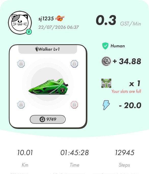A fitness app screenshot for user 'sj1235' (V tier) dated 22/07/2026 06:37 shows a 'Walker Lv1' sneaker NFT with 9749 GST, earning 0.3 GST/Min, with totals of 10.01 Km, 01:45:28 time, and 12945 steps.