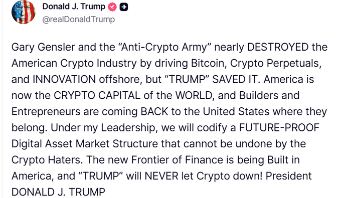 The image features a screenshot from a Twitter conversation where Donald Trump, a former US president, is making criticism about a person named Gary Gensler who is known for supporting cryptocurrency. The text on Trump's post mentions that he has brought crypto back under his leadership and claims that he will never let down the industry. 

The actual content of the tweet can be seen as it provides specific details of what Trump wrote in response to a post by Gary Gensler, which discusses the crypto economy. The caption below the tweet reads "THE NEW FRONTIER OF FINANCE IS BEING BUILD IN THE DIGITAL ASSET MARKET STRUCTURE". The image does not contain any visible text related to cryptocurrency or financial markets.