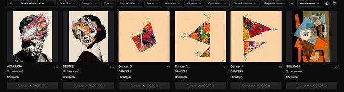 A digital art marketplace displays NFT collections including ATARAXIA by migasar.art, DESIRE by migasar.art, Dancer 3, Dancer 2, and Dancer 1 by MissDreamsArt, and SIRLIGH1 by migasar.art, all priced at 650,000,000 with a 'Comprar' (Buy) button in Spanish.