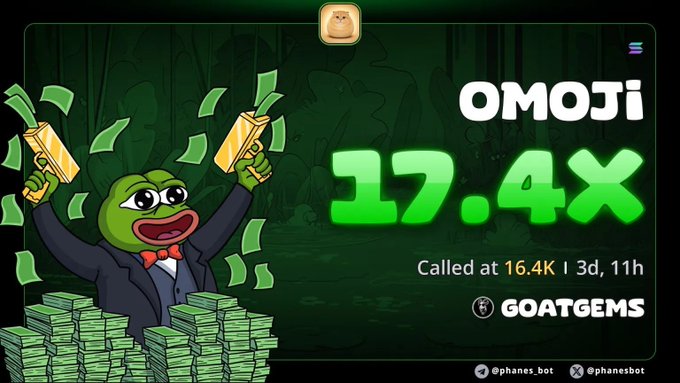 The image is a promotional graphic from @phanesbot showcasing the $OMOJI token's 17.4x gain, called at 16.4K with an illustration of the Pepe frog character in a suit throwing money above stacks of cash, tied to the post celebrating the run and promoting the next upcoming play.