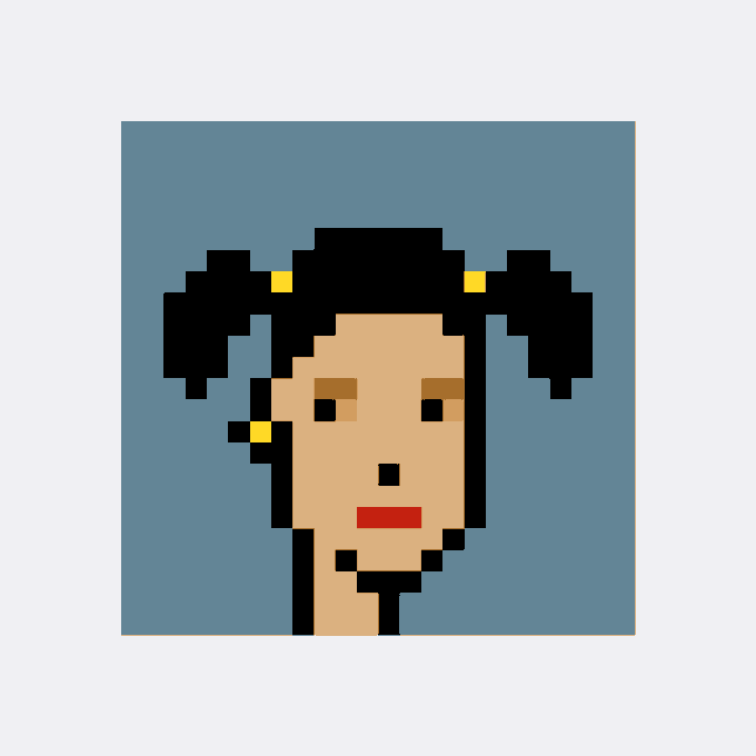 A pixel art portrait of a person with black hair styled in two pigtails tied with yellow bands, set against a blue background.