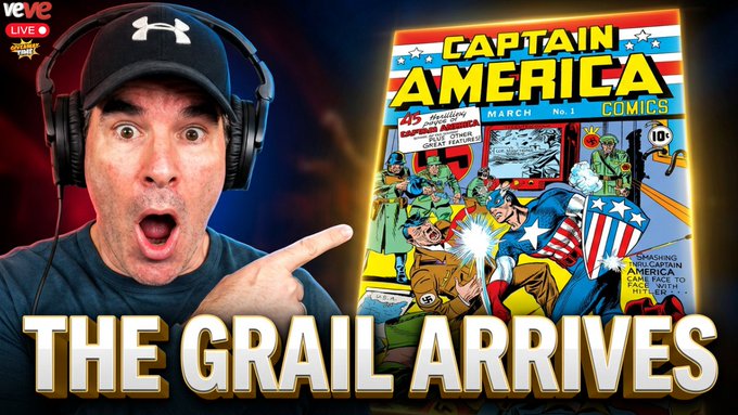 A shocked-looking man wearing a headset points excitedly at a "Captain America Comics #1" cover featuring "Buck Burke Hits the Bull's-Eye" and "Watch Out for the Red Skull" dated March, with bold text overlay reading "THE GRAIL ARRIVES," promoting the Captain America #1 NFT drop on Veve with @BigtimeBigA and InformMint Live at 9 AM.