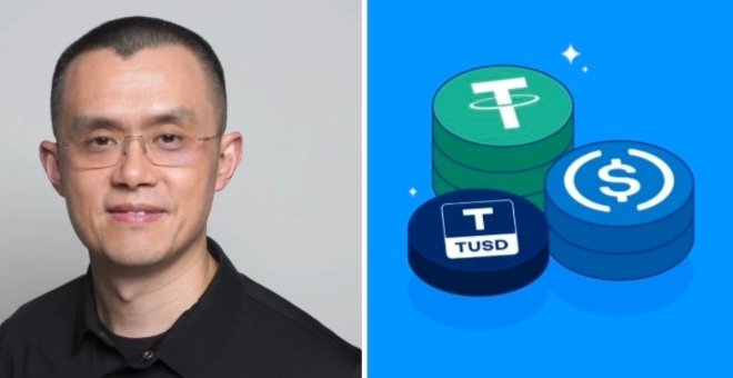 The image shows Changpeng Zhao (CZ) alongside illustrations of Tether (USDT) and TUSD stablecoins, which appears unrelated to the accompanying post about BNB trading above $600 and the upcoming Pasteur Hard Fork on BNB Chain.