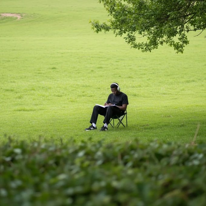 A person wearing headphones and dark clothing sits on a folding chair in a green grassy field, reading a book or writing, with a tree branch overhead.