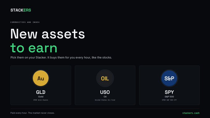 A dark-themed promotional banner from Stackers announces "New assets to earn" under the heading "Commodities and Index," featuring three asset picks: GLD (Gold, SPDR Gold Shares), USO (Oil, United States Oil Fund), and SPY (S&P 500, SPDR S&P 500 ETF). The tagline explains that users can "Pick them on your Stacker. It buys them for you every hour, like the stocks," with a footer noting "Paid every hour. The market never closes" and linking to stackers.cash.