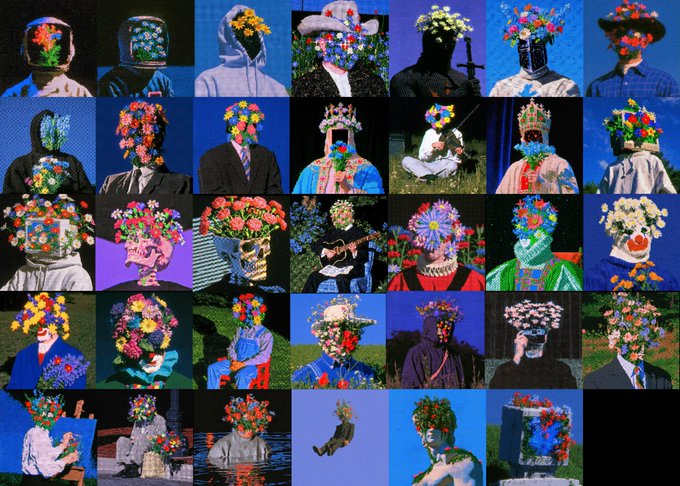 A grid collage of stylized portraits featuring figures with faces obscured by colorful flowers and dark masks against various blue backgrounds.