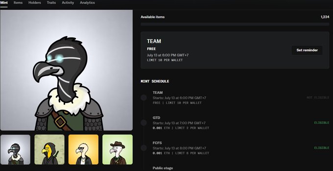 A screenshot of an NFT minting interface showing a vulture character selected from a lineup of four bird avatars, with available items including "TEAM" (FREE) starting July 15 at 6:00 PM GMT-7, along with OTD and FCFS minting schedules all limited to 1 mint per wallet. The interface displays 1,234 available items, suggesting the user is preparing to participate in today's minting event.