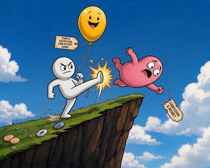 A cartoon illustration showing a white figure kicking a pink figure off a cliff, with a balloon labeled 'simple satisfying low-effort gains' and tags for 'compounding & regret'.