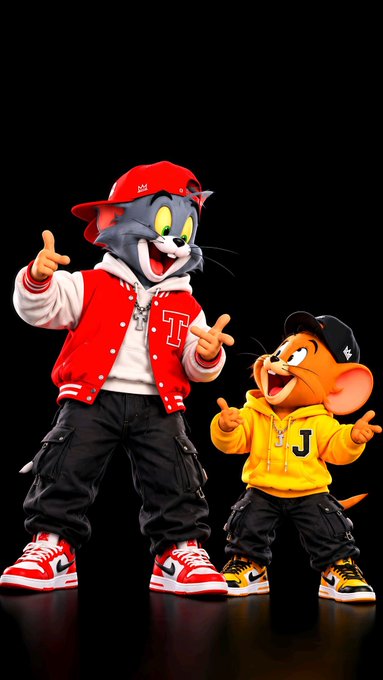 Two anthropomorphic mascot figures pose against a black background: a tall Tom cat wearing a red 'T' varsity jacket, red cap, and black cargo pants, alongside a smaller Jerry mouse in a yellow 'J' hoodie and black cap.