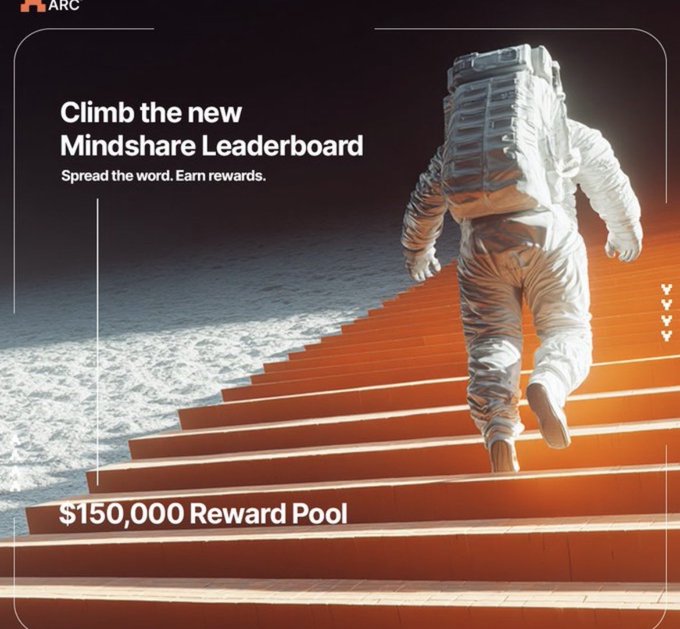 The image features a man dressed as an astronaut walking up a set of stairs with his back facing the camera. The caption below the image reads "Climb the new Mindshare Leaderboard Spread the word, Earn rewards." This suggests that the image is promoting a leaderboard for Mindshare, which is a social media platform used by businesses to manage their online presence and engage with customers.
