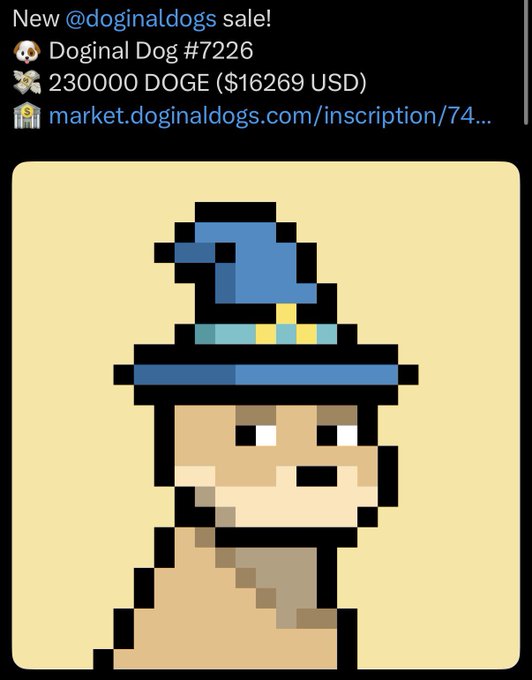 A Twitter post announcing a new @doginaldogs sale of Doginal Dog #7226 for 230000 DOGE ($16269 USD) with a pixel art image of a dog wearing a wizard hat.