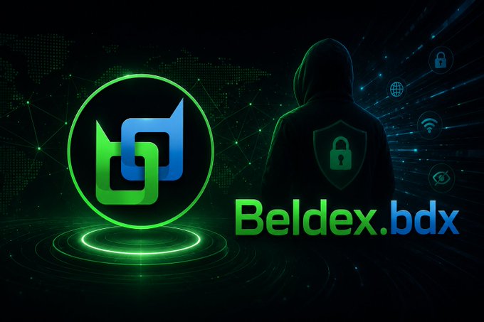 Digital promotional image for Beldex.bdx cryptocurrency showing a green and blue logo with a hooded figure surrounded by security-related icons including padlocks and a shield.