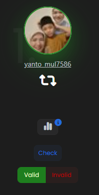 A screenshot of a giveaway verification screen showing the username "yanto_mul7586" with a profile photo, displaying a code of "T1," signal bars, and buttons labeled "Check," "Valid" (highlighted in green), and "Invalid." The image relates to the post as visual proof confirming that user @yanto_mul7586 was selected as the winner of the $350 BTC giveaway.