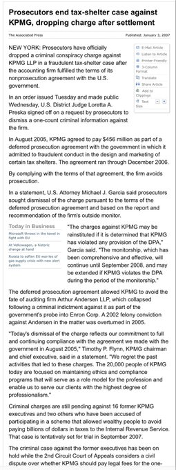A news article from the Associated Press dated January 3, 2007, titled 'Prosecutors end tax-shelter case against KPMG, dropping charge after settlement.'