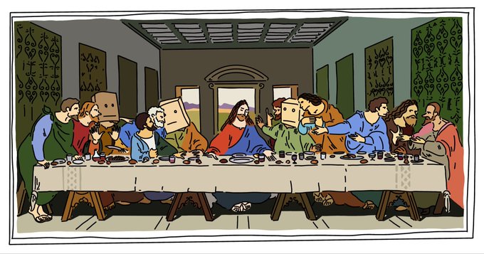 The image depicts a stylized illustration of Leonardo da Vinci's "The Last Supper," reimagined with characters wearing cardboard boxes on their heads. The artwork ties into the post's theme of "Last meal" and is presented as a one-of-one piece by the artist on the Tezos art platform.
