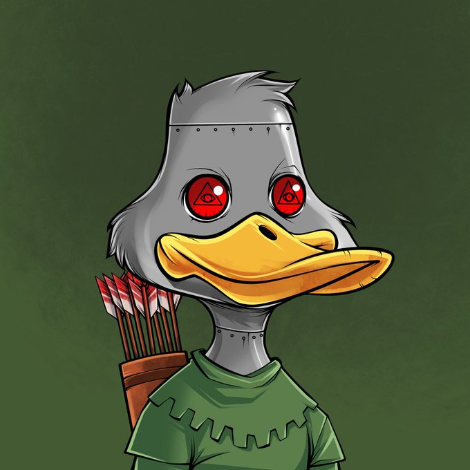 An illustration of an anthropomorphic duck with a metallic grey head and red eyes featuring triangle symbols, wearing a green tunic and carrying arrows on its back.