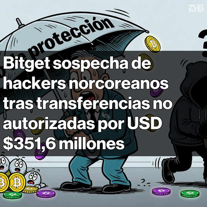A cartoon illustration showing a worried man holding an umbrella labeled 'protección' with text reading 'Bitget sospecha de hackers norcoreanos tras transferencias no autorizadas por USD $351,6 millones'.