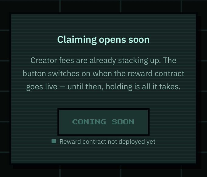 The image displays a dark-themed interface with a "Claiming opens soon" notice, indicating that creator fees are accumulating but the claim button is disabled until the reward contract goes live, marked as "COMING SOON" with a status showing "Reward contract not deployed yet." This relates to the post about $PONSBROS, suggesting the project is building anticipation for an upcoming mint or claim event tied to the PONSBROS NFT collection on OpenSea.