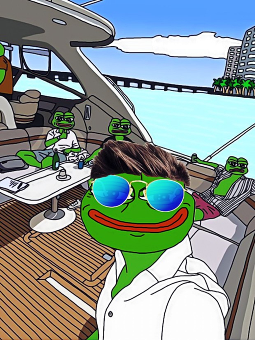A cartoon scene featuring multiple Pepe the Frog characters relaxing on a yacht, with a main Pepe wearing blue reflective sunglasses and a white shirt taking a selfie-style photo, while other Pepes lounge on white sofas with palm trees and a building visible in the background.
