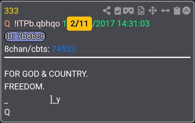 Screenshot of a message board post numbered 333 with ID 7b86c9 on 8chan/cbts, reading 'FOR GOD & COUNTRY. FREEDOM.'