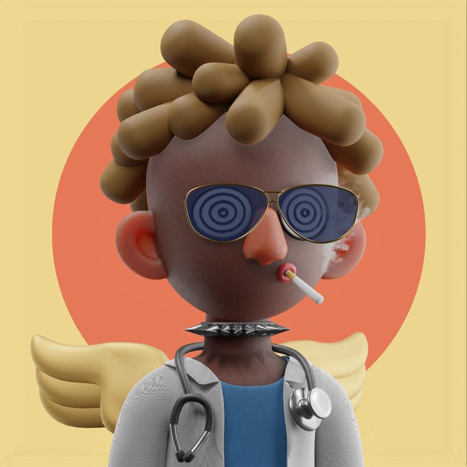 A 3D rendered character with textured brown dreadlocks wearing swirly sunglasses, a spiked collar, and a stethoscope around their neck, smoking a cigarette with angel wings in the background.