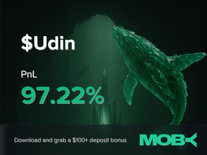 A promotional graphic for Moby Mobile showcases a trader closing a $Udin position with an impressive PnL of 97.22%, displayed alongside a dramatic green whale and "$100+ deposit bonus" text, aligning with the win alert highlighting $Udin trending from $111.03K to $581.72K market cap.
