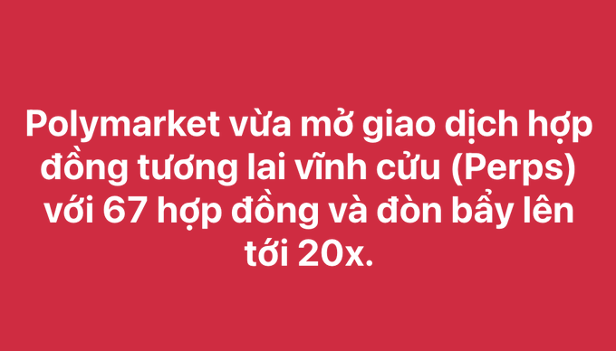 A red graphic with white text in Vietnamese: "Polymarket vừa mở giao dịch hợp đồng tương lai vĩnh cửu (Perps) với 67 hợp đồng và đòn bẩy lên tới 20x."